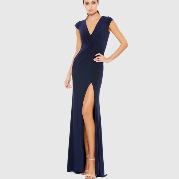 NWT MAC DUGGAI 26504 NAV V-NECK RUCHED JERSEY GOWN - Picture 1 of 9